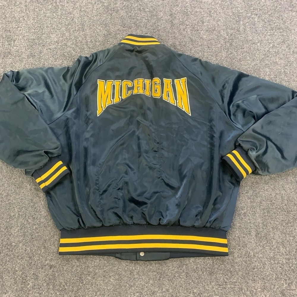 Vintage Michigan Wolverines Jacket Mens L Blue NCAA Football Satin Chalk Line